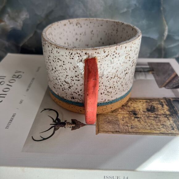 Studio Art Pottery Hand Thrown Mug 3" Speckled White Black Unique Orange Handle - Picture 6 of 12